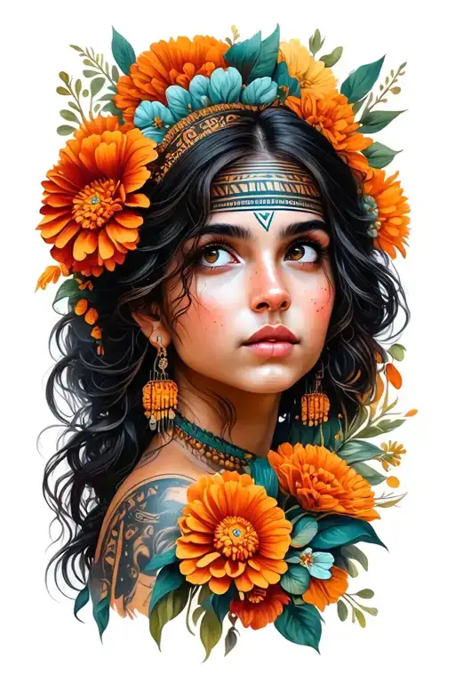 beautiful   girl looking up with marigold flowers and aztec symbols tattoo design idea