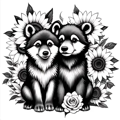  cute baby wolf and bear sitting with sunflowers and roses. black tattoo design idea