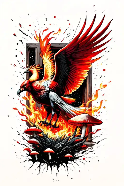 A phoenix flying out of a window into the universe, surrounded by fire. Psilocybin mushrooms growing at the bottom. tattoo design idea