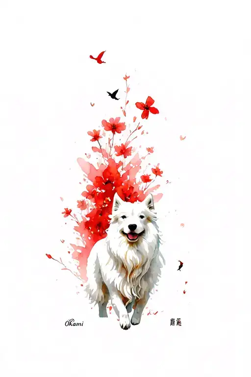 berger blanc suisse type Okami brand Red, vertical, fleet in the air, red flowers in the background tattoo design idea