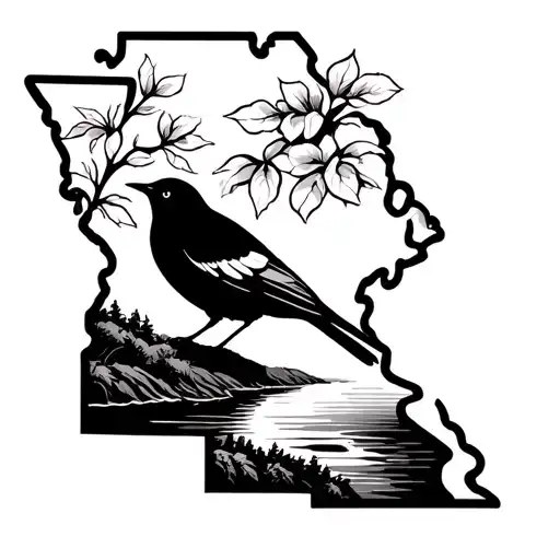 Missouri outline with Missouri River, Eastern bluebird and Dogwood tree tattoo design idea