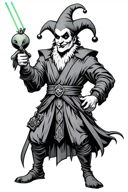 court Jester with a rubber chicken holding lightsaber tattoo design idea