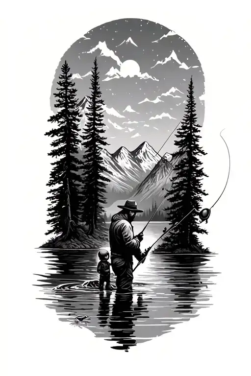 man and child fishing scene mountains filled with trees tattoo design idea