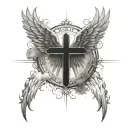 A cross surrounded by clouds, rays of light, and angel wings extending toward the pec. tattoo design idea