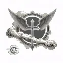 A cross surrounded by clouds, rays of light, and angel wings extending toward the pec. tattoo design idea