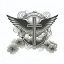 A cross surrounded by clouds, rays of light, and angel wings extending toward the pec. tattoo design idea