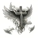 A cross surrounded by clouds, rays of light, and angel wings extending toward the pec. tattoo design idea