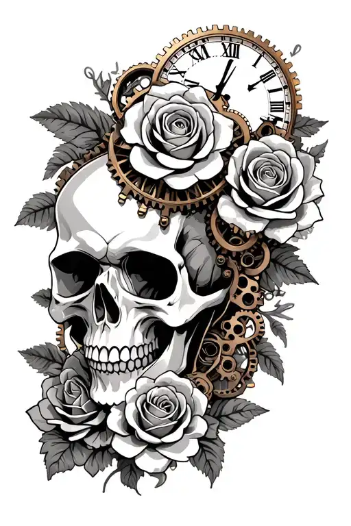 Steampunk Skull surrounded with roses and clock gears tattoo design idea
