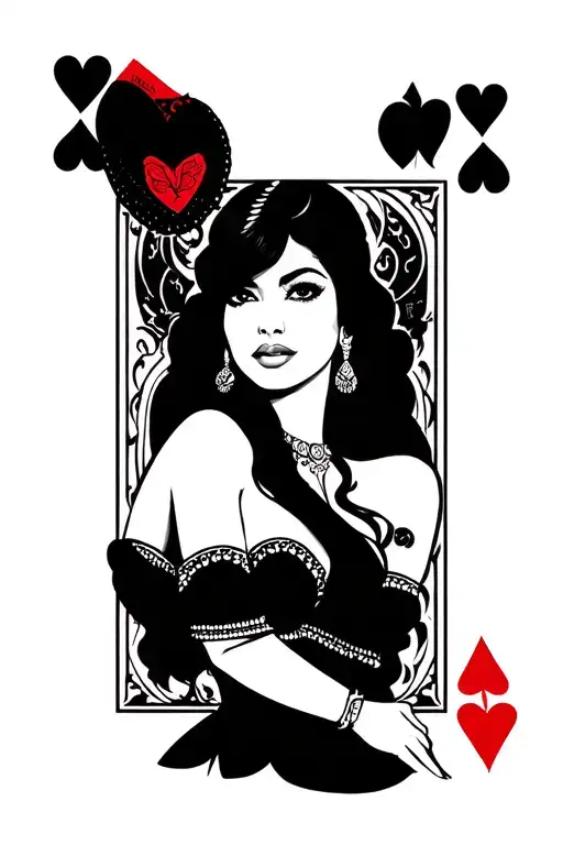 Queen of hearts card with Mexican American woman posing, Black and white tattoo design idea