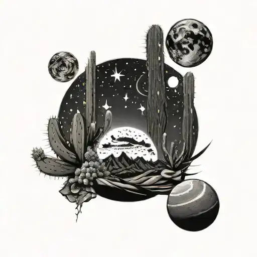 Western cactus surrounded by desert and night sky with planets tattoo design idea
