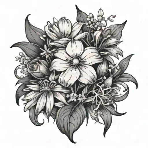 bouquet with cosmos flower at the center and snowdrop and daisies around it tattoo design idea