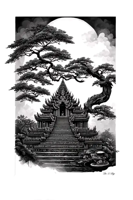 Khmer inspired ta prom temple ankgor tree tattoo design idea