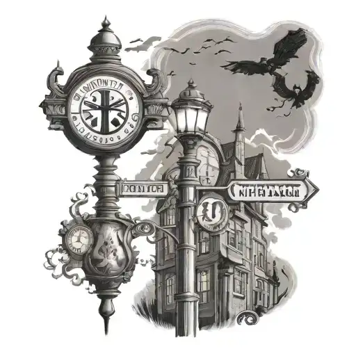 Harry Potter lamp post with signs for Hogwarts, Middle Earth, Neverland, panem, Narnia, wonderland, enchanted forest  tattoo design idea