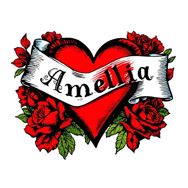 Red heart with white band and name Amelia  tattoo design idea