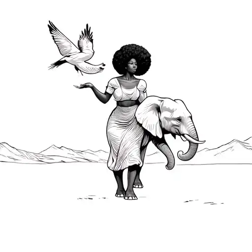 black woman with Afro releasing bird in the air walking with elephant tattoo design idea