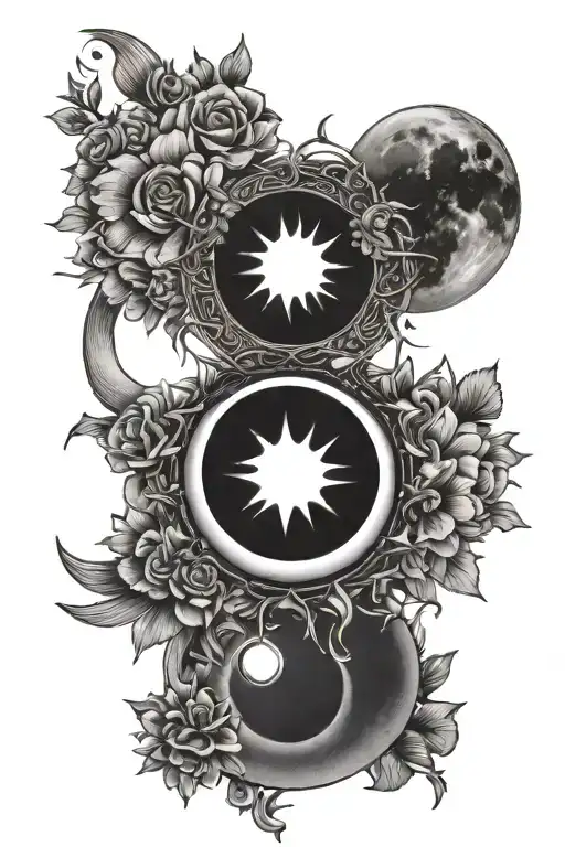 matching sun and moon with necklace chain falling from it and flowers around it  tattoo design idea