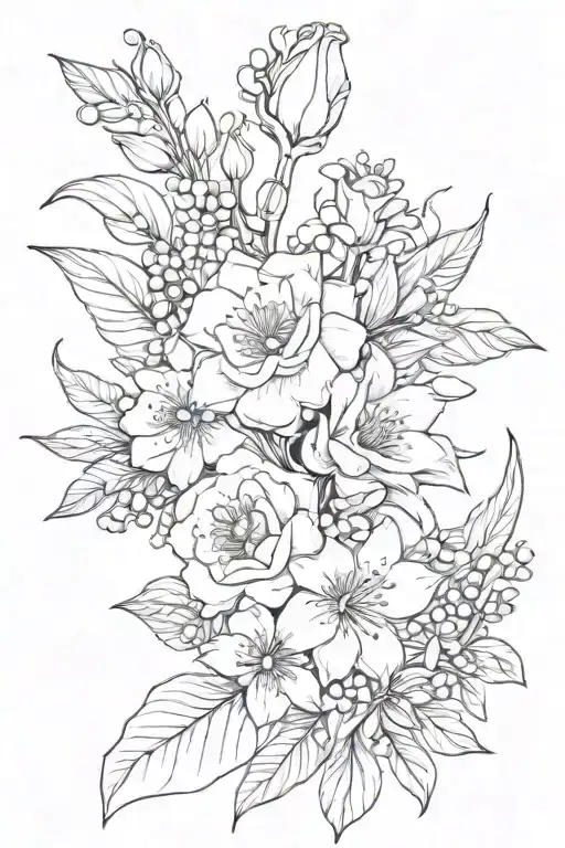 A dainty bouquet of flowers with a violet, two Lily of the valley, a rose, and an aster. Tie the bouquet with a thin bow tattoo design idea
