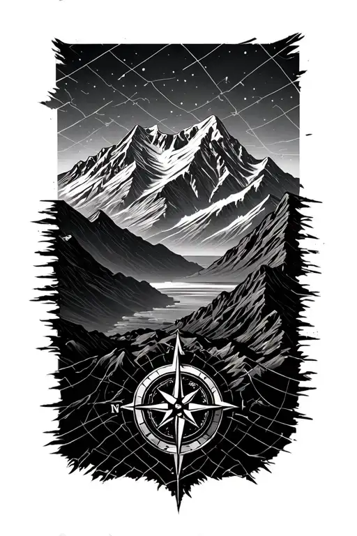 mountain range view with map grid lines and compass tattoo design idea
