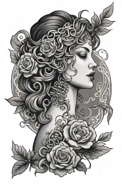 FINE LINE, DARK FEMININE, PERSEPHONE AND MEDUSA tattoo design idea