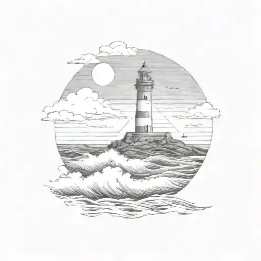 waves, lighthouse, sea, mountain, rocks tattoo design idea