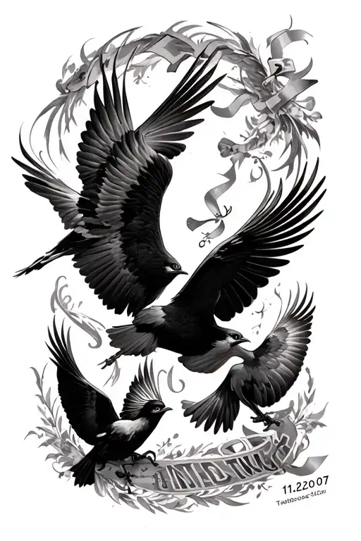 3 birds flying with skills in there mouth but one has a ribbon that has the the date 11/12/07 on it tattoo design idea