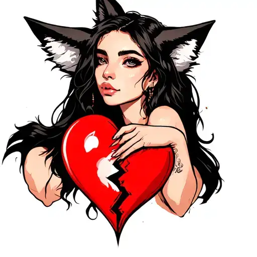 woman with fox ears stitching together a broken heart tattoo design idea