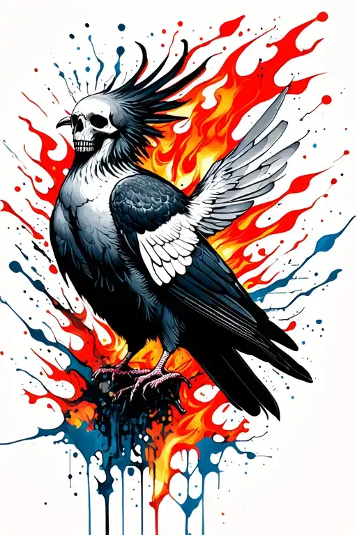 black and gray dove with a sinister skull for a torso and wild orange and blue flames all around the bird tattoo design idea