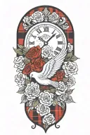 clock with doves and flowers around, #8 football jersey hanging up with a black and red plaid background tattoo design idea