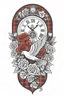 clock with doves and flowers around, #8 football jersey hanging up with a black and red plaid background tattoo design idea