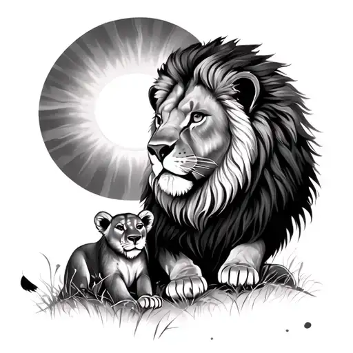 lion mom push cub to the sun rising tattoo design idea