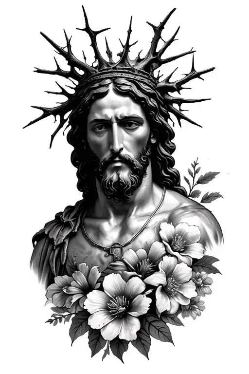 A stylized portrait of Jesus withy thorn crown surrounded by various flowers tattoo design idea