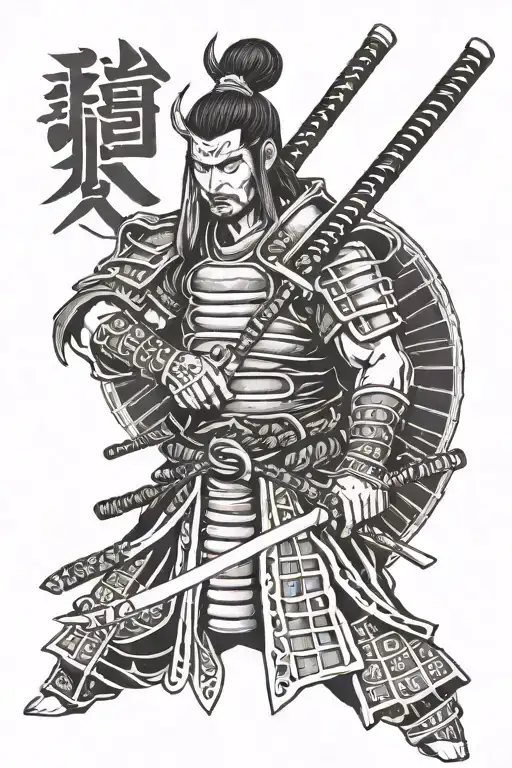 samurai warrior with armor holding a sword with the peace kanji   tattoo design idea