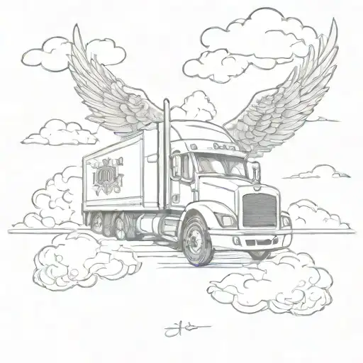 semi truck floating on the clouds forming wings spread wide with the name "Smokin Joe Messenger" tattoo design idea