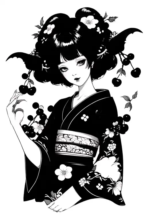 succubus girl in erotic pose in kimono, cherry. black and white. tattoo design idea