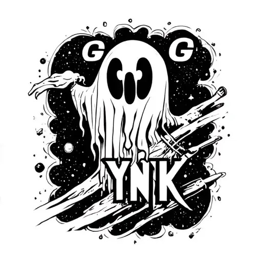 the word GK with a ghost coming out and the word YNK space theme  tattoo design idea