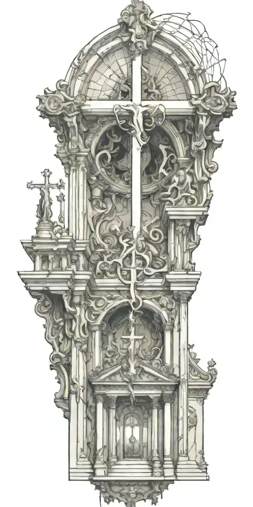 The inside of a catholic church with an upside down cross tattoo design idea