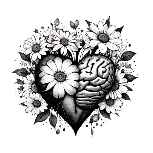 heart vs brain intertwined in cosmos flowers   - i think I feel  tattoo design idea