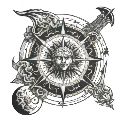 i need a tattoo generation include bow and arrow, moon,sun, masculine tattoo design idea