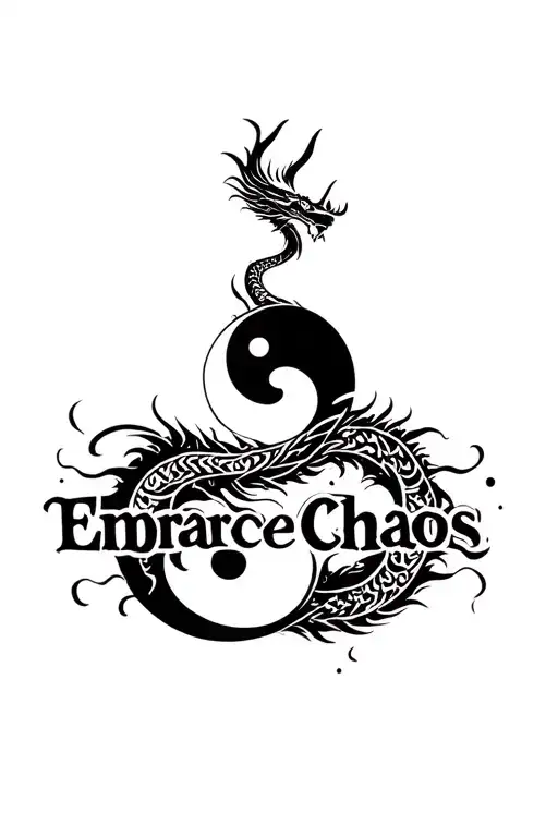 "Embrace Chaos" dragon wrapped yin yang symbol tattoo design idea