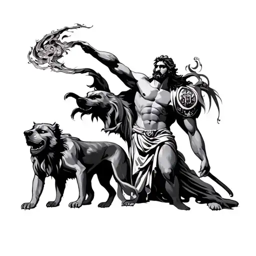 Sexy Greek God Hades with a bident and Cerberus next to him tattoo design idea