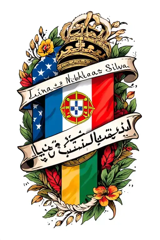 Lina and Nikolas Silva written in Arabic with Portuguese flag inside the letters tattoo design idea