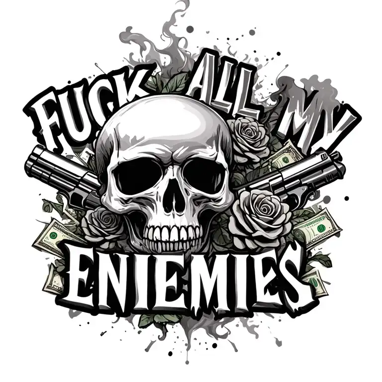 "Fuck all my enemies " Skulls, Guns, Money , Roses , smoke swirling tattoo design idea
