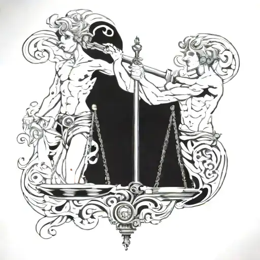 Gemini male twins on Libra scales intertwined tattoo design idea