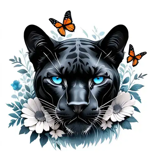 black panther with blue eyes flowers and butterfly around panther tattoo design idea