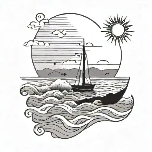 Bohemian style, Sun shining over the wavy sea, simple and delicate line. Over the back a tiny boat is seen. tattoo design idea