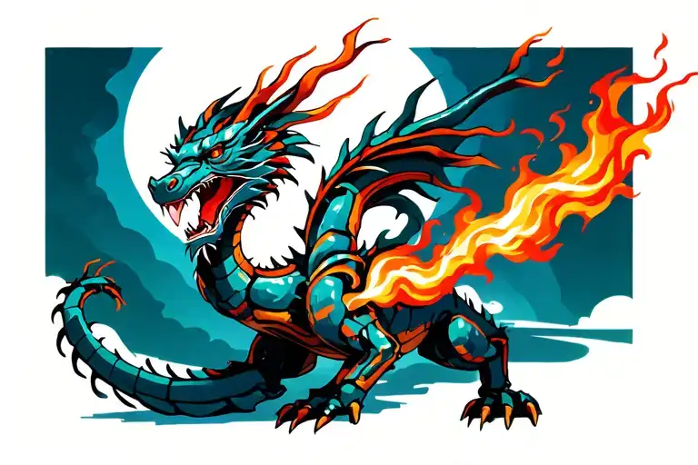 robotic dragon breathing fire tattoo design idea