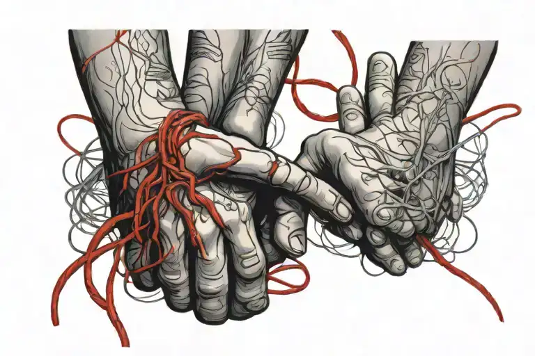 to hands reaching out to each other but NOT touching with a red string symbolising a blood vein about to burst tattoo design idea