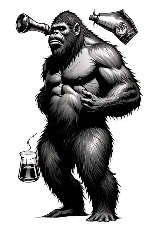 A bigfoot drinking mead and playing a ttrpg tattoo design idea