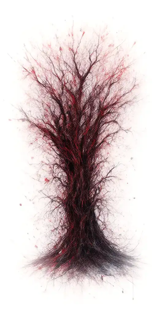 crooked scary looking tree wich gnarled and snapped branches. add text "Lewdcore Studio tattoo design idea