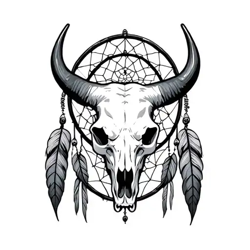 bull skull surrounded by dream catcher tattoo design idea